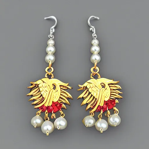 Prompt: jewelry design, pearl earrings with phoenix decoration