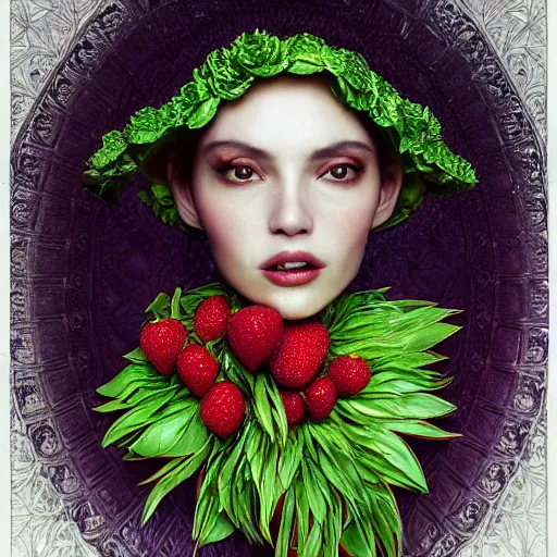 Image similar to the portrait of an absurdly beautiful, graceful, elegant, sophisticated, vogue woman made of strawberries and green petals looking up, an ultrafine hyperdetailed illustration by kim jung gi, irakli nadar, intricate linework, bright colors, octopath traveler, final fantasy, unreal engine 5 highly rendered, global illumination, radiant light, detailed and intricate environment