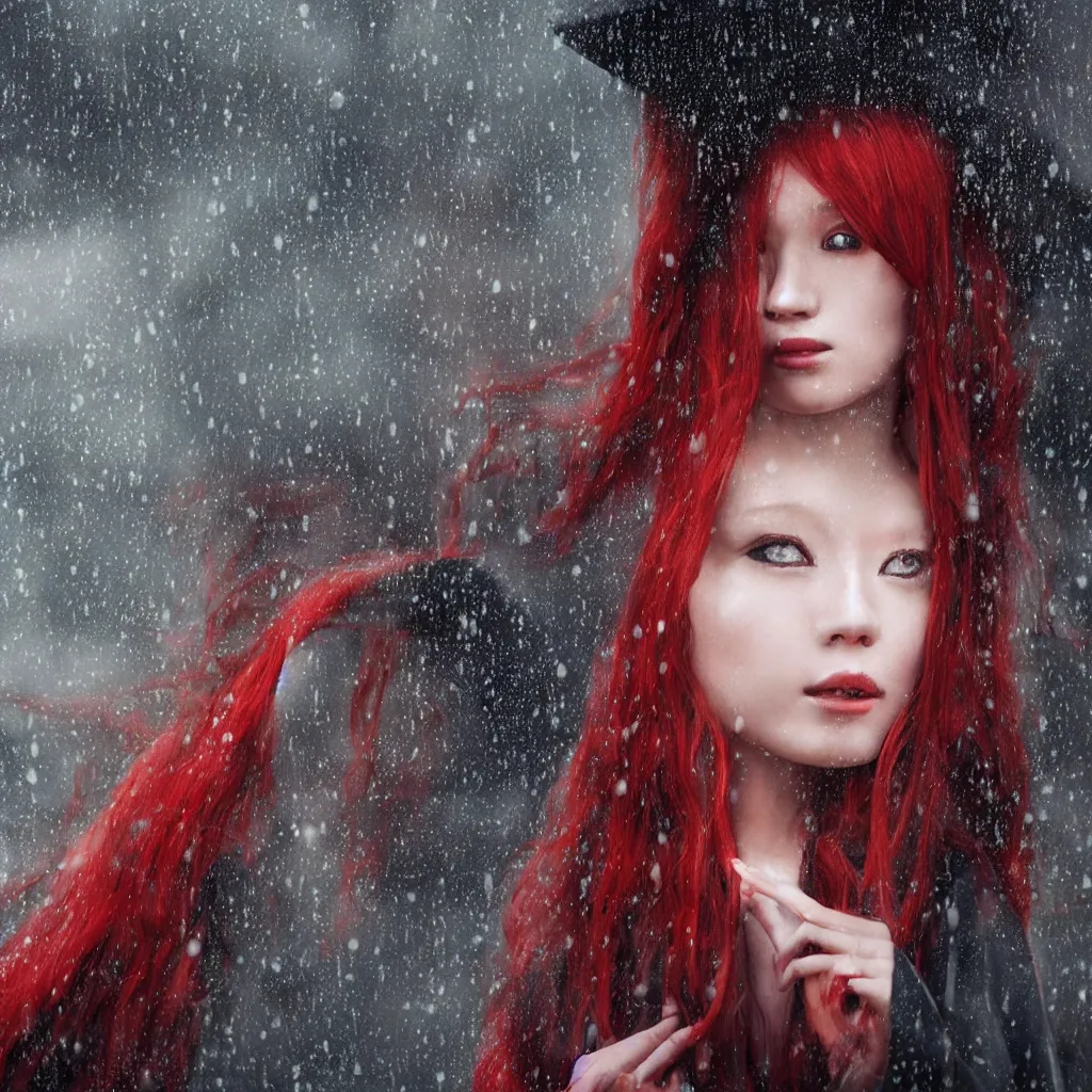 Prompt: a girl with long red hair in a kimono, portrait, rain, ultra detailed, 8 k, ctane 3 d rendered, blade runner style.