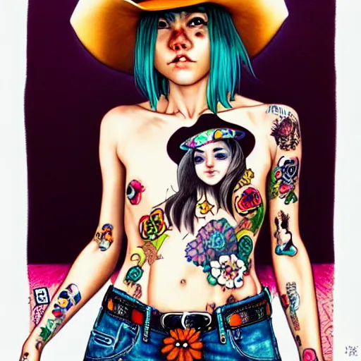 Image similar to full view of cowgirl with tattoos, wearing a cowboy hat, style of yoshii chie and hikari shimoda and martine johanna, highly detailed