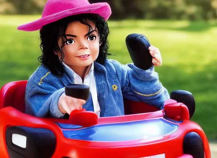 Prompt: michael jackson driving a little tikes cozy coupe, movie still, from the new jumanji movie, 8 k, realistic