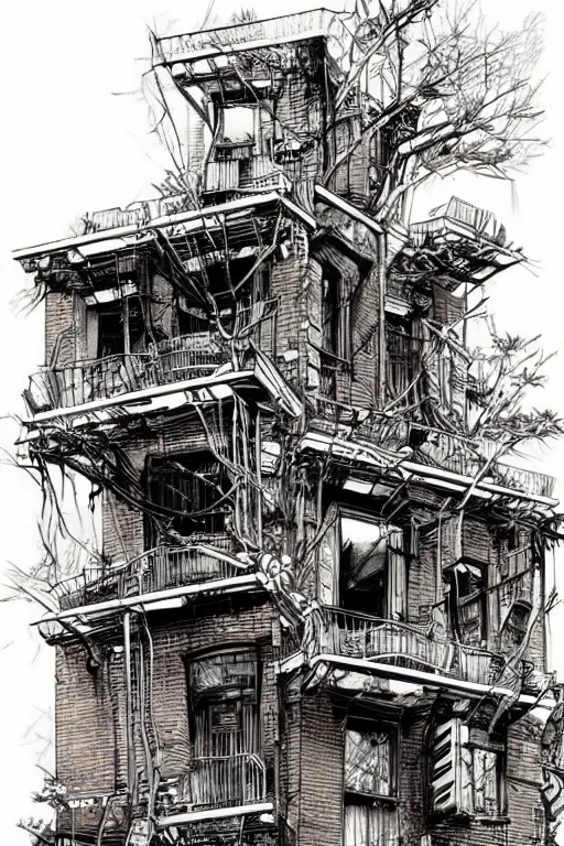 Image similar to (((((a ramshackle Manhattan brick brownstone deep in the forest))))) by Kim Jung Gi!!!!!!!!!!!!!!!!!!!!!!!!!!!