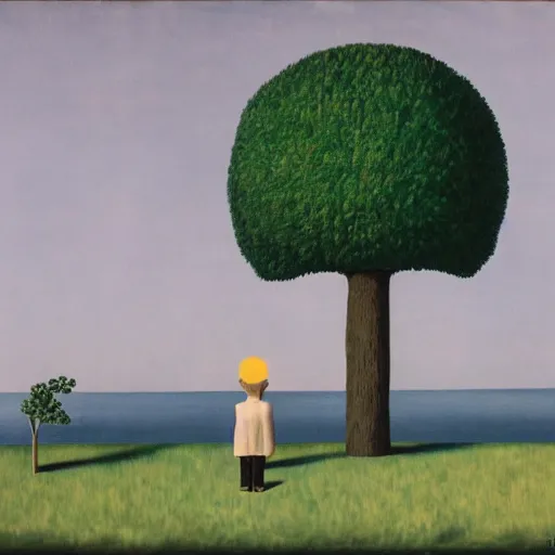 Prompt: a Magritte painting of a boy and his dinosaur