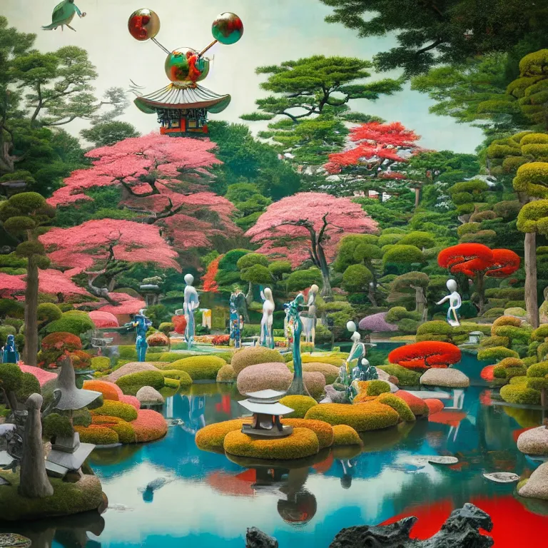 Prompt: vibrant japanese garden by hieronymus bosch and james jean, ross tran, porcelain japanese mannequins, sky by damien hirst, very cohesive, serenity, hypermaximalist, 8 k, surreal oil painting, highly detailed, dream like, masterpiece