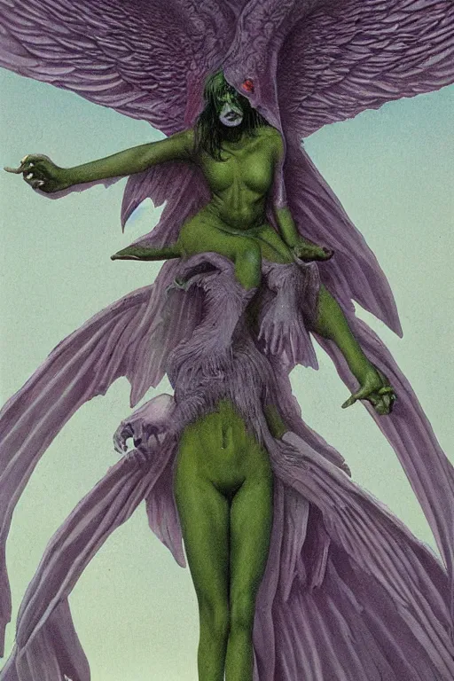 Image similar to creepy tarot card of a female green winged angel with talon feet by wayne barlowe