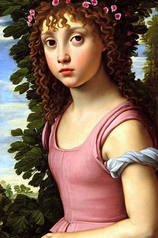 Image similar to renaissance painting of young girl in the garden, closeup, curly long hair, face closeup, emotions closeup, dressed in roman armour, the beautiful garden with maple leaves everywhere, ultra detailed, art by guido reni style, vincenzo catena style