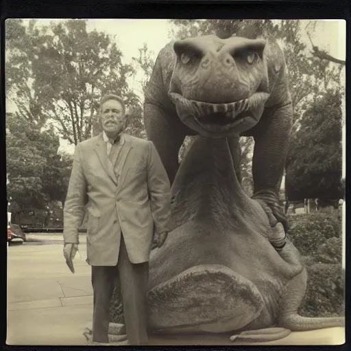 Image similar to a polaroid photo of an old man standing next to a dinosaur statue outside mcdonald's