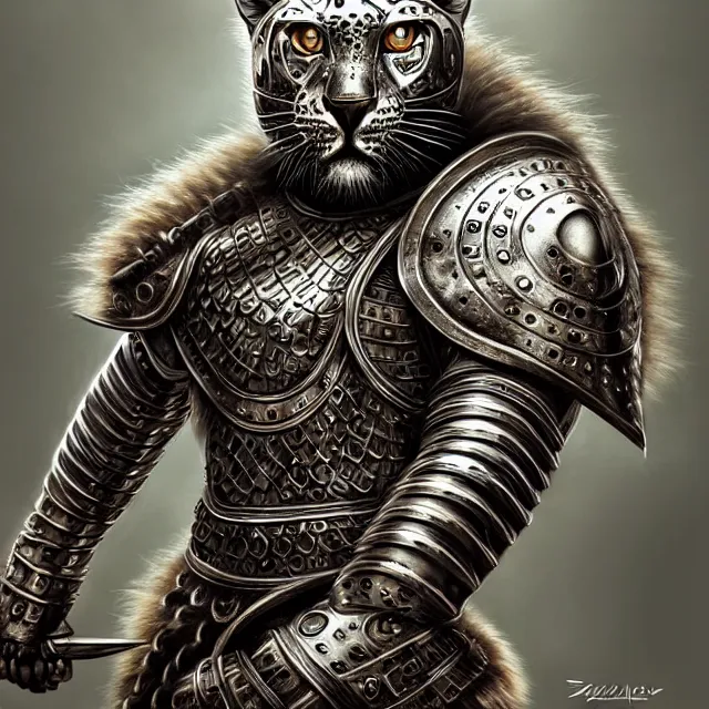 Prompt: warrior with metal jaguar armour, highly detailed, 4 k, hdr, smooth, sharp focus, high resolution, award - winning photo, artgerm, photorealistic