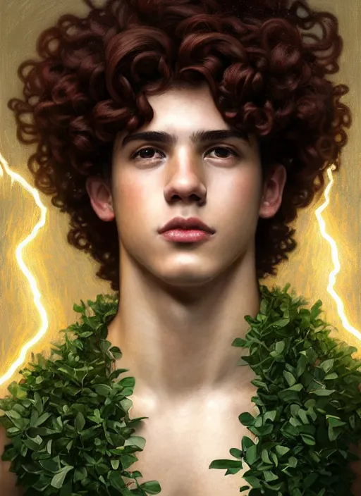 Image similar to portrait of teenage zeus, greek, short curly copper hair, smirking arrogantly, wearing a white sash, olive tree, intricate, elegant, lightning bolt, glowing lights, chiaroscuro, highly detailed, digital painting, artstation, concept art, smooth, sharp focus, illustration, art by wlop, mucha, artgerm, and greg rutkowski