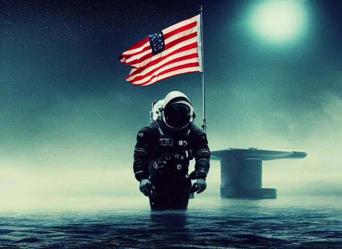 Image similar to astronaut holding a flag in an underwater desert. a submarine is visible in the distance. dark, concept art, cinematic, dramatic, atmospheric, 8 k, trending on artstation, blue, fish, low visibility, fog, ocean floor, christopher nolan, interstellar