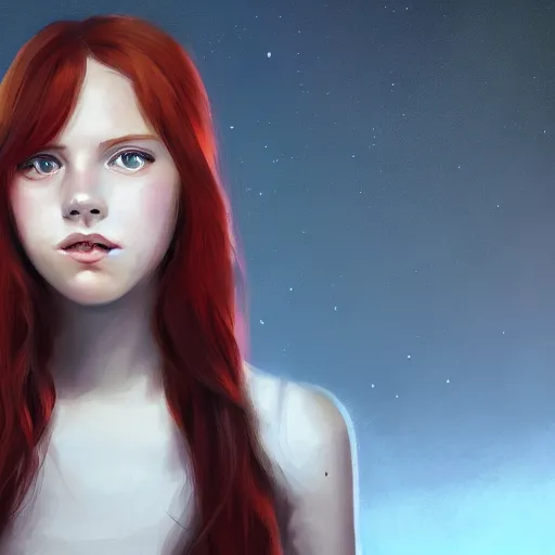 Image similar to portrait of a teen girl with freckles with long red hair and bright brown eyes, 8 k, highly detailed, digital painting, artstation, sharp focus, illustration