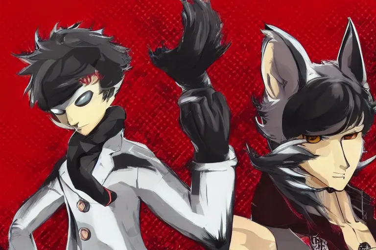 Prompt: a furry tan male fox on a persona 5 : royal ( by atlus ) video game splash screen, a furry male sandcolored tan fox fursona ( has hair ), persona 5 phantom thief style