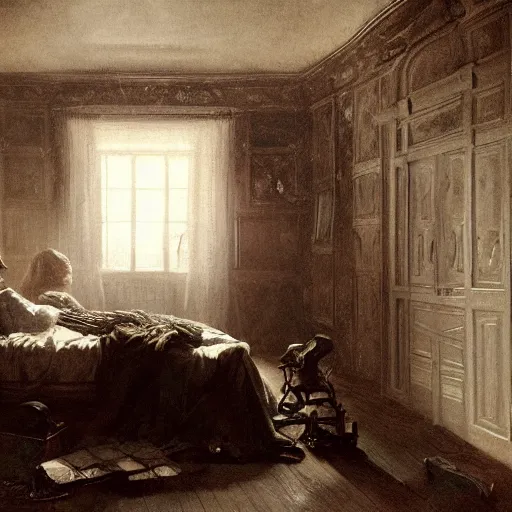 Image similar to dark room with a shadow figure standing in front of the bed while a person sleeps in it, very dim lighting, 8 k octane beautifully detailed render, post - processing, extremely hyper - detailed, intricate, epic composition, masterpiece, trending on artstation, detailed detailed detailed, masterpiece, stunning art by anders zorn, wonderful masterpiece by greg rutkowski,