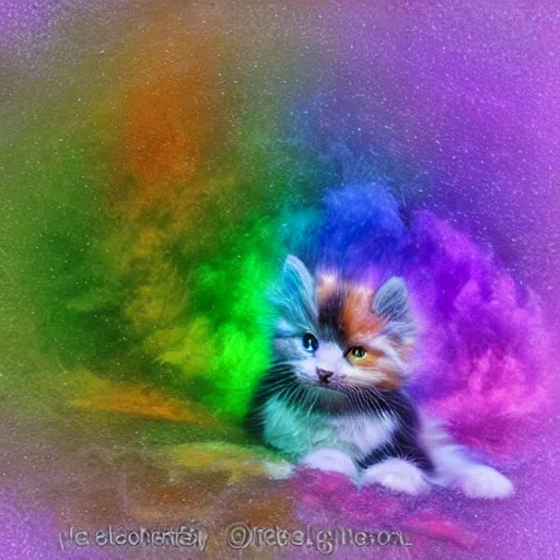 Image similar to of a very proud fluffy rainbow kitten with a glowing rainbow aura, digital art