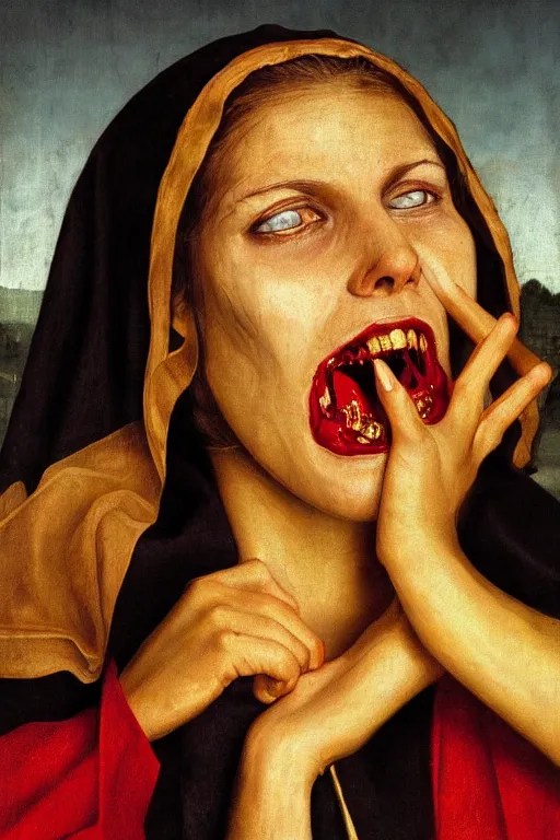 Prompt: hyperrealism close-up portrait of young beautiful nun obsessed with devil, rotten skin red skin, hyper detailed golden crown, dark background, in style of classicism