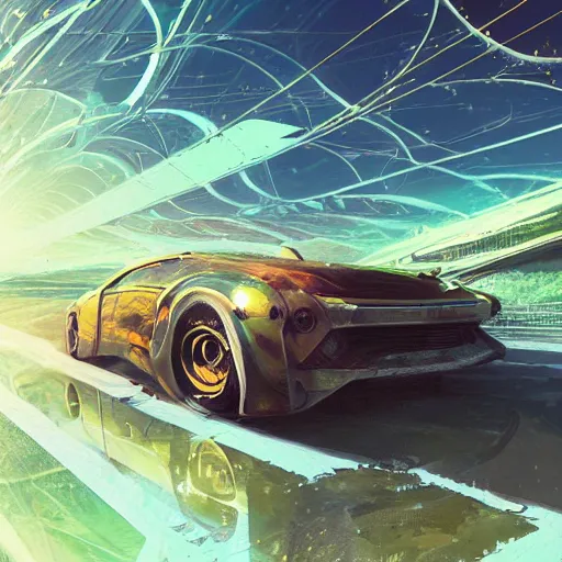 Image similar to solarpunk car, clean energy, green technology, highway, sunny day, futurism, intricate, glow, highly detailed, digital painting, artstation, concept art, smooth, sharp focus, epic landscape, art by akihiko yoshida and tim mcburnie and anato finnstark