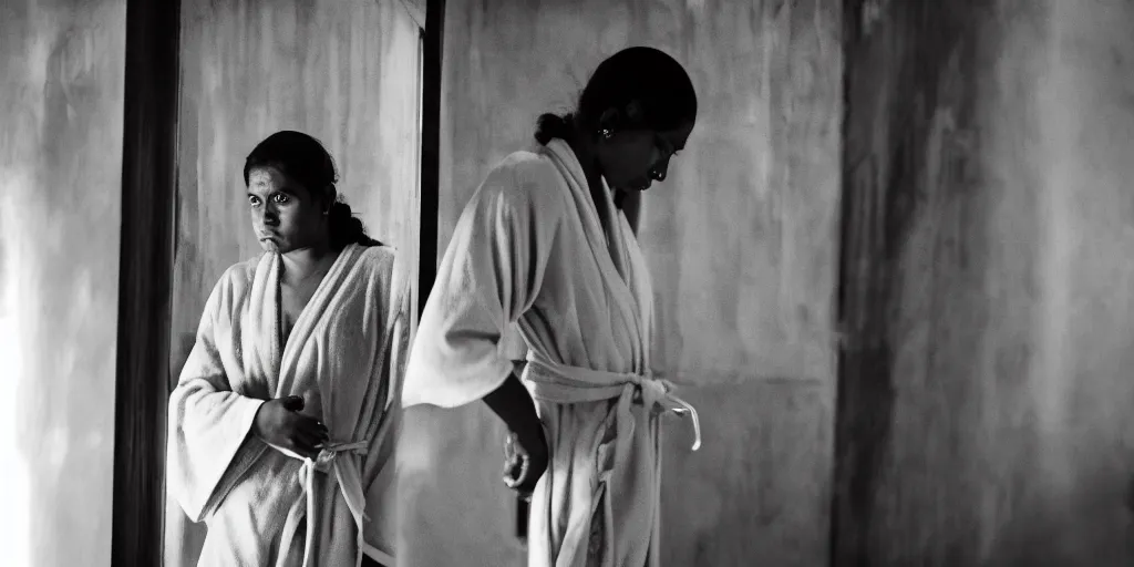 Image similar to sri lankan woman in the bathroom, wearing a bath robe, film still, psycho thriller movie style