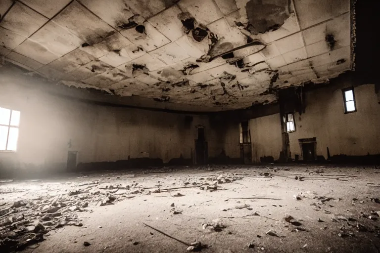 Prompt: photography of inside of an abandoned old opera fitlh and grim apex, creepy, dark atmosphere, ray of sun from the rooftop, wide angle, 1 6 mm lens fujifilm, grainy film