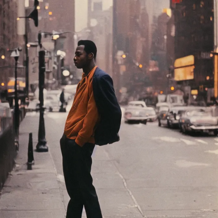 Prompt: medium format film portrait of a man in new york by street photographer from the 1 9 6 0 s, hasselblad film man portrait featured on unsplash, dawn light, cross processed colour film,