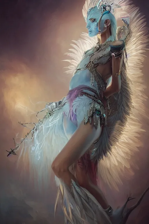 Prompt: beautiful model wearing icel white feathers, diamonds, jewelry, angel, fantasy, dramatic lighting, highly detailed, digital painting, holding electricity, magic the gathering, hyper detailed, 3 d render, hyper realistic detailed portrait, peter mohrbacher, wlop, ruan jia