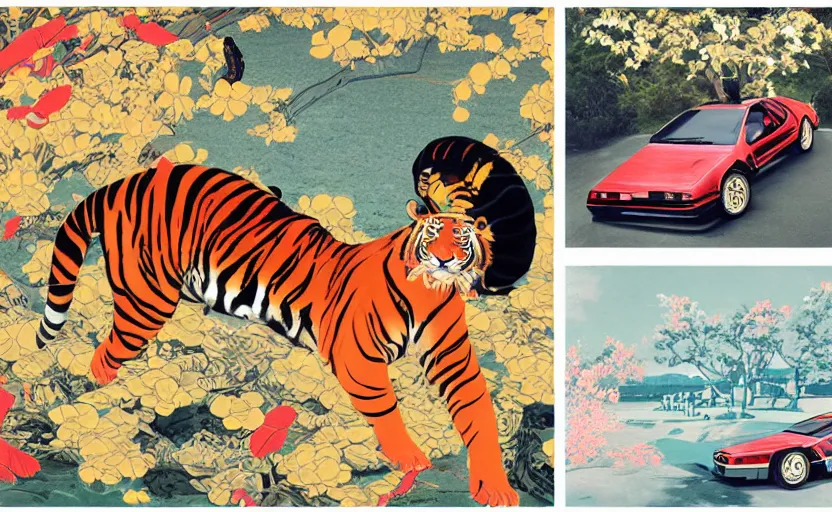 Image similar to a red delorean and a yellow tiger, colourful magazine collage, art by hsiao - ron cheng and utagawa kunisada