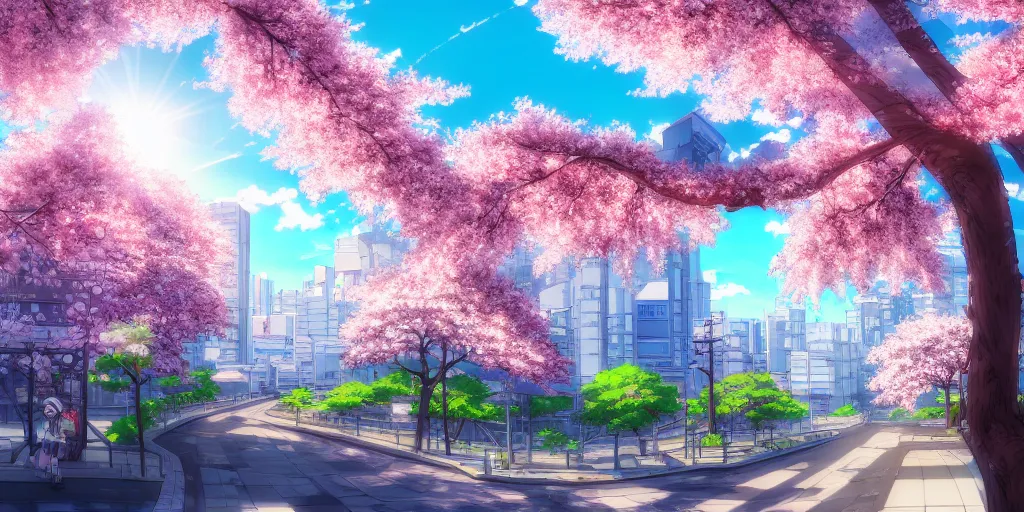 Image similar to anime style cityscape, spring season anime city, cherry blossoms in the wind, day time, sun high in the sky, sun glare, clear weather, blue sky, tokyo japan, high detail and very sharp, detailed shading, artstation, wallpaper, kyoto animation productions, a silent voice