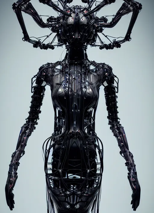 Image similar to catwalk, forest, iris van herpen gothic inflateble dark dress, perfect symmetrical body, helmet on face, full body shot, inflateble shapes, wires, tubes, veins, jellyfish, white biomechanical details, wearing epic bionic cyborg implants, masterpiece, intricate, biopunk, vogue, highly detailed, artstation, concept art, cyberpunk, octane render