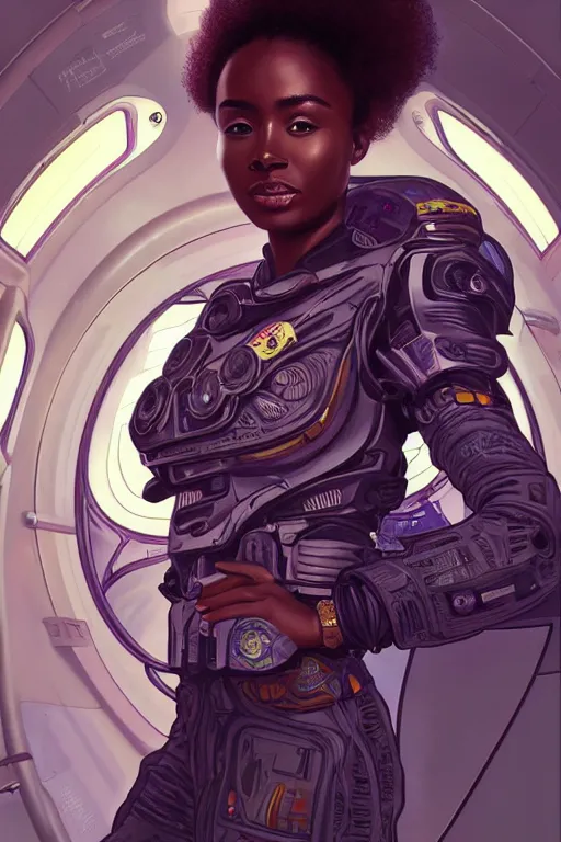 Image similar to portrait futuristic beautiful african Airforce armored pilot Girl, Afro hair, at inside of future fighter aircraft, ssci-fi, fantasy, intricate, very very beautiful, elegant, human anatomy, neon light, highly detailed, digital painting, artstation, concept art, soft light, smooth, sharp focus, illustration, art by tian zi and WLOP and alphonse mucha