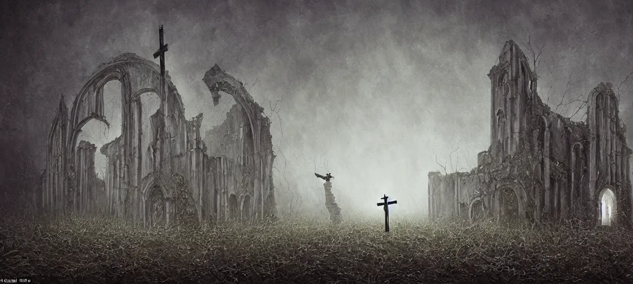 Prompt: The terrified Priest with tormented eyes is aiming the crucifix at alien intruder in a darkened room of a ruined castle, a dark, menacing atmosphere, horror,the essence of evil, in the style of Lee Madgwick