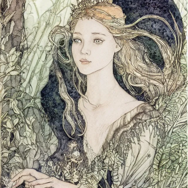 Image similar to a detailed, intricate watercolor and ink portrait illustration with fine lines of young 1 4 year old scarlett johannson looking over her shoulder as a fairytale princess, by arthur rackham and edmund dulac and lisbeth zwerger