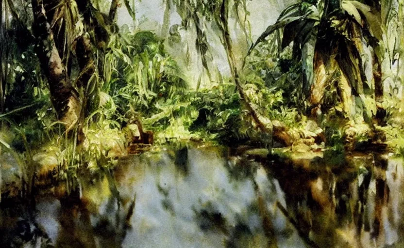 Prompt: oil painting lanscape by anders zorn, jungle nature, fruit trees, very very very very beautiful art, dramatic light, water reflections, aquarelle paint splashes, white painted border