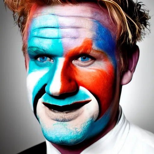 Prompt: portrait photoshoot of Gordon Ramsay clown colorful face paint