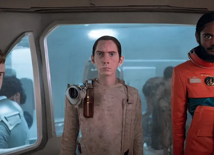 Prompt: first official image from wes anderson's new space opera film starring lakeith stanfield and grimes. shot on alexa mini, stunning cinematography, filmgrain, kodak vision 2 0 0 t, shot composition