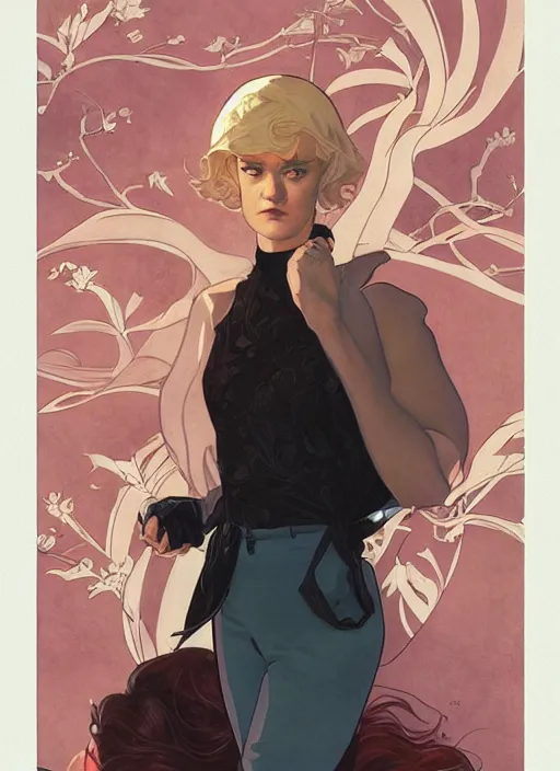 Image similar to mackenzie davis actress, mucha, hard shadows and strong rim light, art by jc leyendecker and atey ghailan and sachin teng