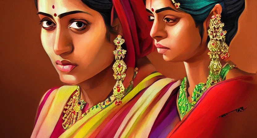 Prompt: love saree, desi, art by salman toor. faithfully depicted facial expression, perfect anatomy, sharp focus, global illumination, radiant light, detailed and intricate environment, trending on artstation