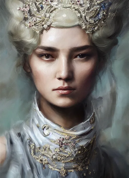 Image similar to A fancy portrait of a beautiful queen covered ribbon by Greg Rutkowski, Sung Choi, Mitchell Mohrhauser, Maciej Kuciara, Johnson Ting, Maxim Verehin, Peter Konig, Bloodborne, 8k photorealistic, cinematic lighting, HD, high details, dramatic, atmospheric , trending on artstation