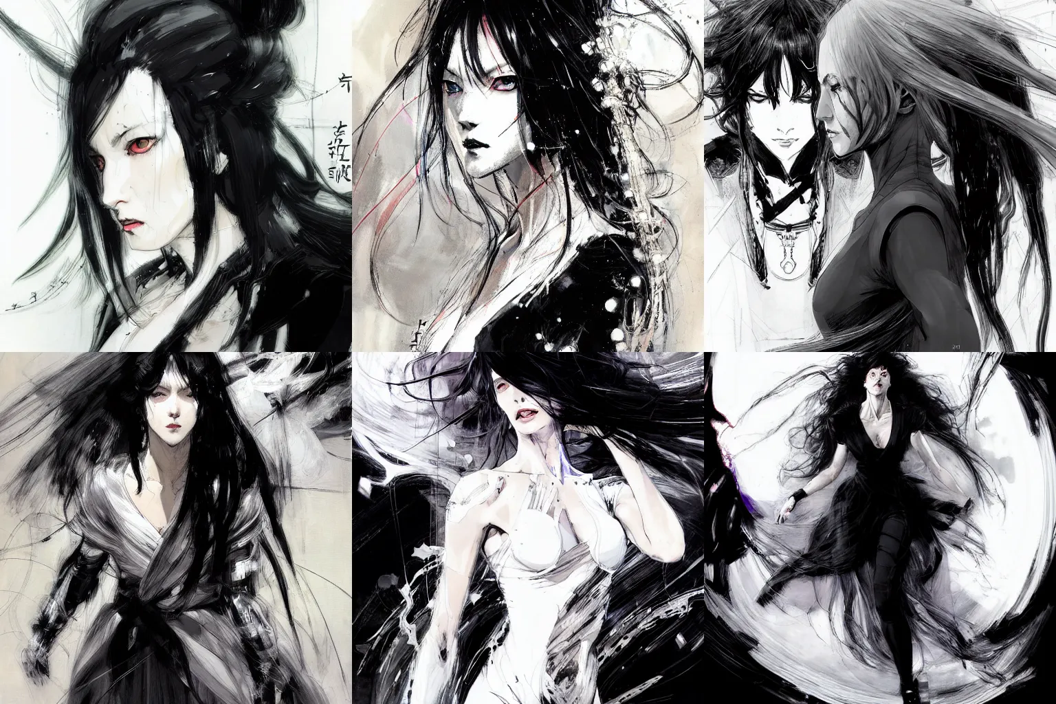 Prompt: Woman dressing black and long white hair by Wadim Kashin and Takehiko Inoue