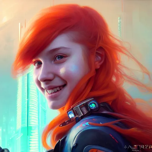 Image similar to portrait painting of a cute teenage girl with wild orange hair and a bright smile wearing cyberpunk clothes, ultra realistic, concept art, intricate details, eerie, highly detailed, photorealistic, octane render, 8 k, unreal engine. art by artgerm and greg rutkowski and charlie bowater and magali villeneuve and alphonse mucha