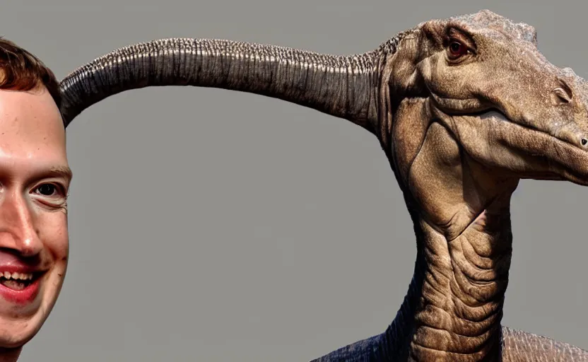 Prompt: mark zuckerbergs face on a long neck apatosaurus dinosaur