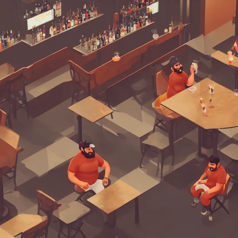 Image similar to virat kholi sitting in a bar, with a huge belly, drinking heavily, isometric, wide view, cinematic view, ultrarealistic, 8 k, unreal engine, by atey ghailan, artstation