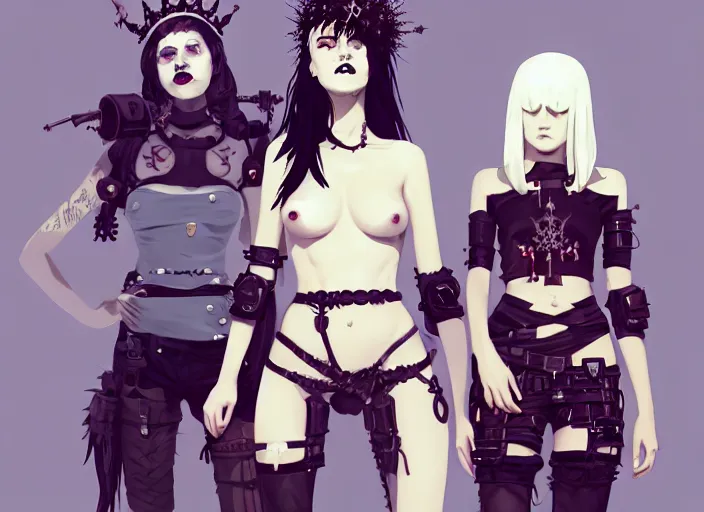 Image similar to portrait of two cute goth maiden girls with crown of thorns and white short hairs, dressed in belts bikini, warhammer, cyberpunk, by atey ghailan, by greg rutkowski, by greg tocchini, by james gilleard, by joe gb fenton, by kaethe butcher, dynamic lighting, gradient light blue, brown, blonde cream and white color in scheme, grunge aesthetic
