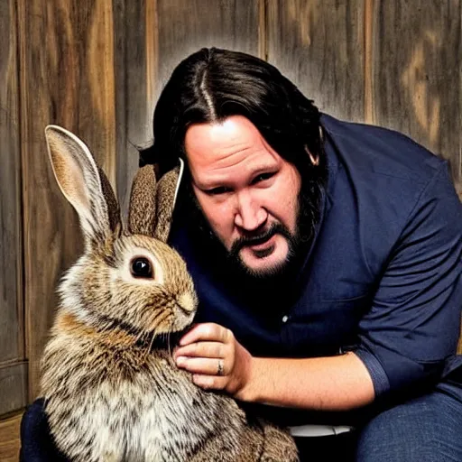 Image similar to keanue reeves posing with a rabbit wearing a john wick costume