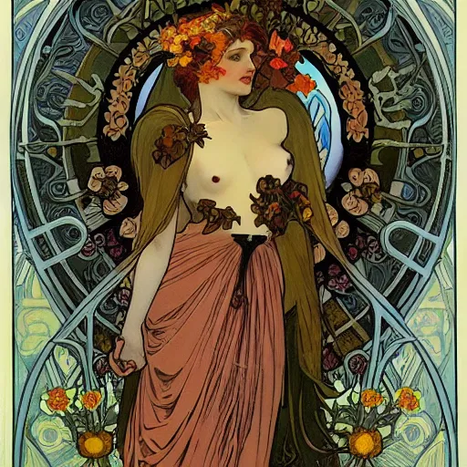 Image similar to persephone as goddess of death, flowers, dark, evil, painted by alphonse mucha