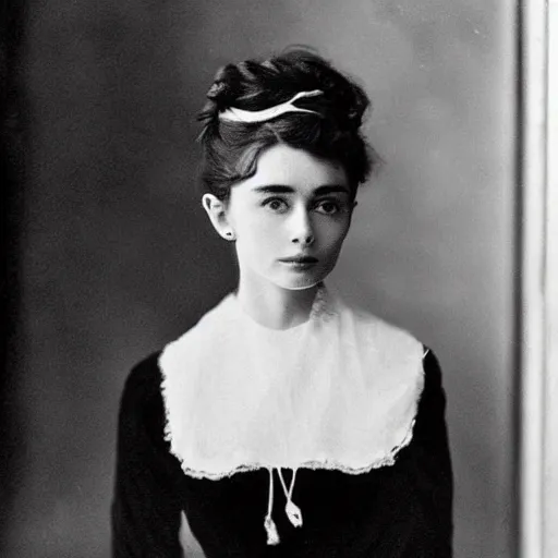 Image similar to edwardian photograph of audrey hepburn, timothee chalamet, 1 9 0 0 s, 1 9 1 0 s, grainy, slightly blurry, faded, realistic face