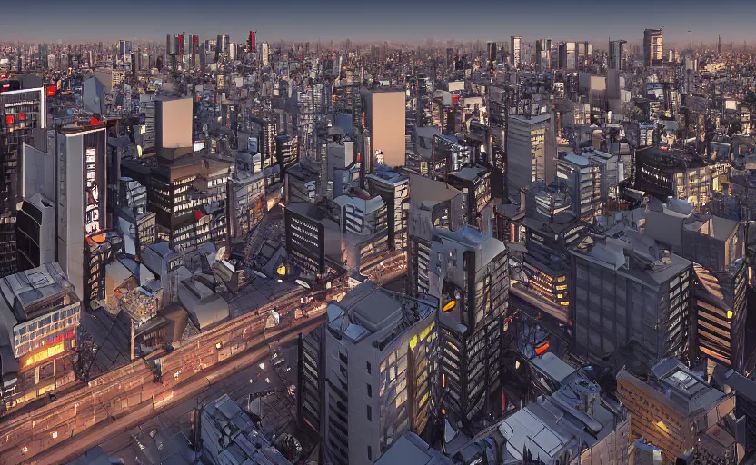 Image similar to unreal engine render of tokyo city from a rooftop view, sunset lighting, hyper realism, realistic shading, cinematic composition, blender render, octane render, hdr, detailed textures, photorealistic, ultrawide shot, 1 6 mm lens