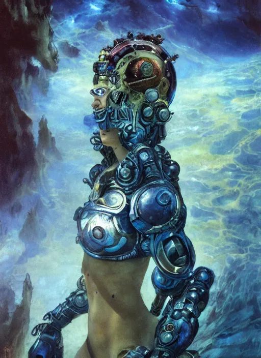 Image similar to biblical daemonic cyborg girl with glowing veins, shoulder pads, on planet jupiter, underwater photography, by gerald brom, by mikhail vrubel, by peter elson, muted colors, extreme detail, trending on artstation, 8 k