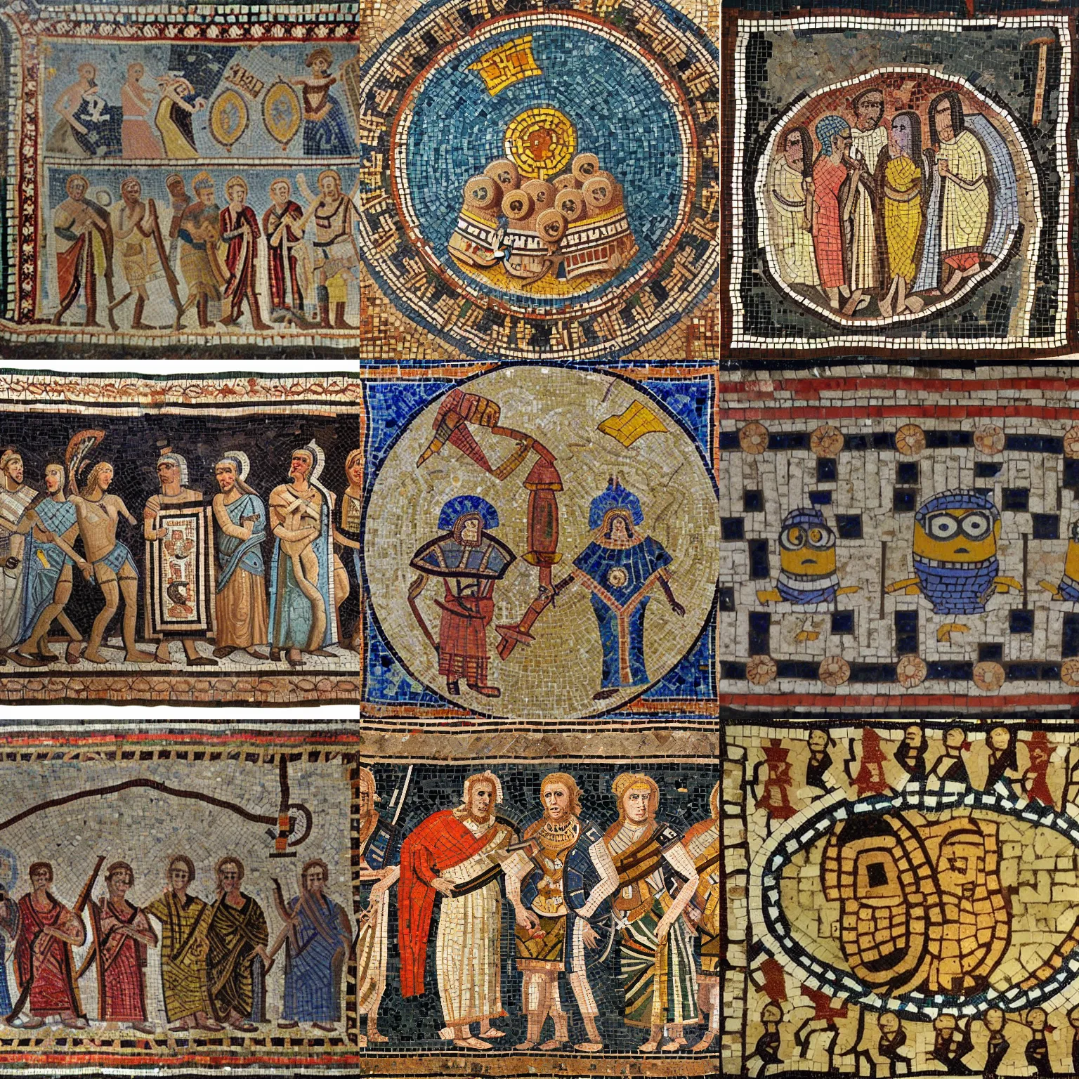 Prompt: roman mosaic of minions serving julius caesar