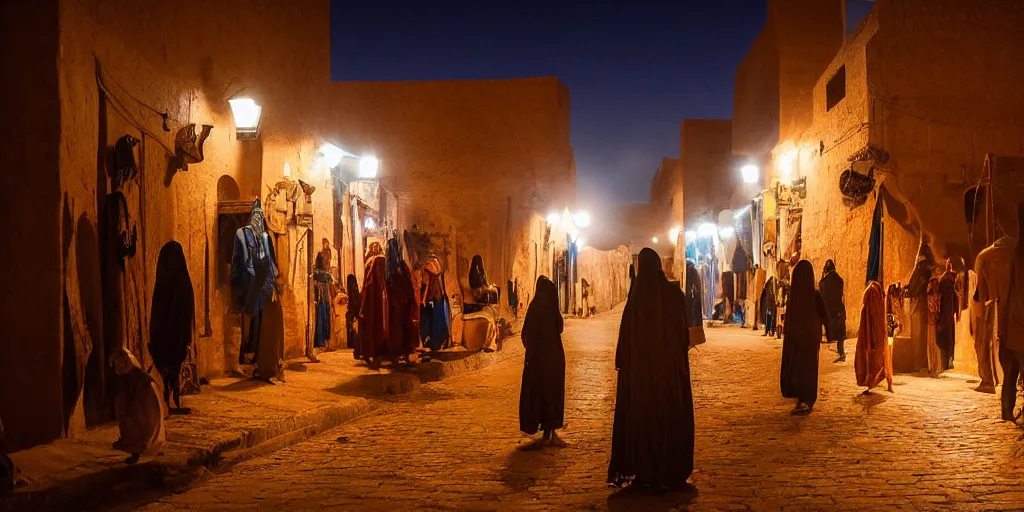 Image similar to el mowlid street rituals in medieval ghardaia, night lights, crowded, cinematic, volumetric light, moody