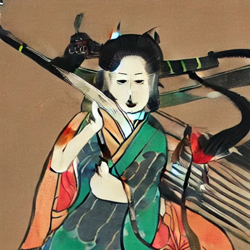 Prompt: Japanese painting of a Nekomata wielding multiple Katana.