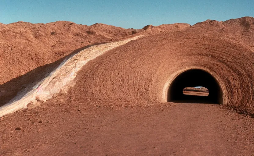 Prompt: high quality movie still of an infinite tunnel in the desert with giant deep wall, Cinestill 800t, heavy grainy picture, very detailed, high quality, 4k panoramic